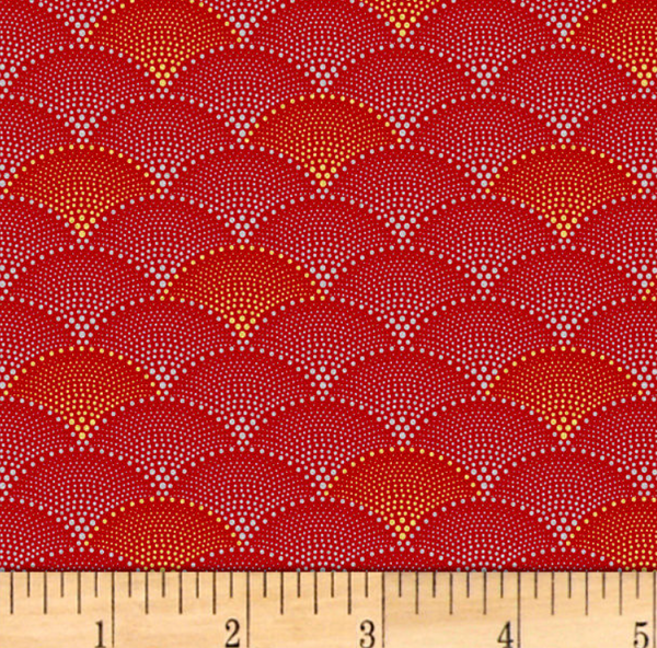 Mixed Metal Art Deco Scallops Metallic by Hoffman Red Background - Half Metre Lengths