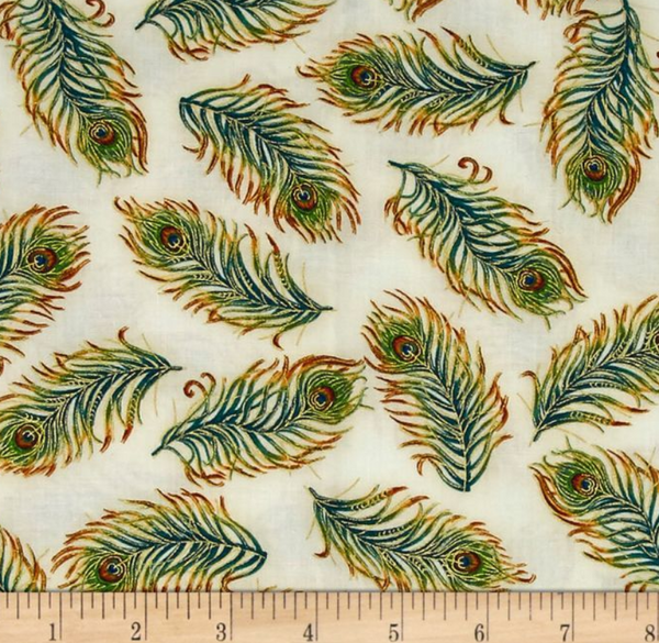 Palais Jardin Metallic Feathers on Ivory Background 16942-15 - Half Metre Lengths