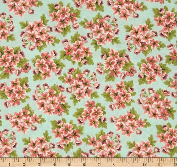 Dover Flannel Small Floral Print Aqua Background # 40065-2 by Rosemarie Lavin - Half Metre Lengths