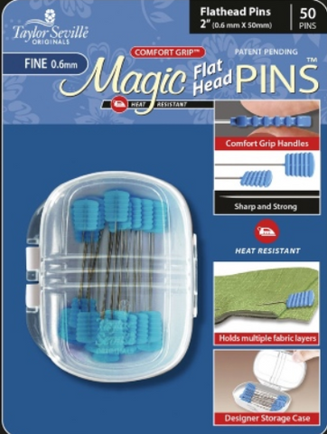 Magic Flat Head Pins (50) - Comfort Grip & Heat Resistant in Storage Container by Taylor Seville