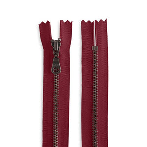 YKK 18 inches Size 4.5 Antique Brass Metal Donut Pull Closed End Zip - Deep Red #520