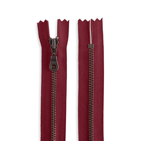 YKK 18 inches Size 4.5 Antique Brass Metal Donut Pull Closed End Zip - Deep Red #520