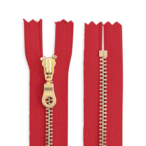 YKK 18 inches Size 4.5 Brass Metal Donut Pull Closed End Zip - Red #519