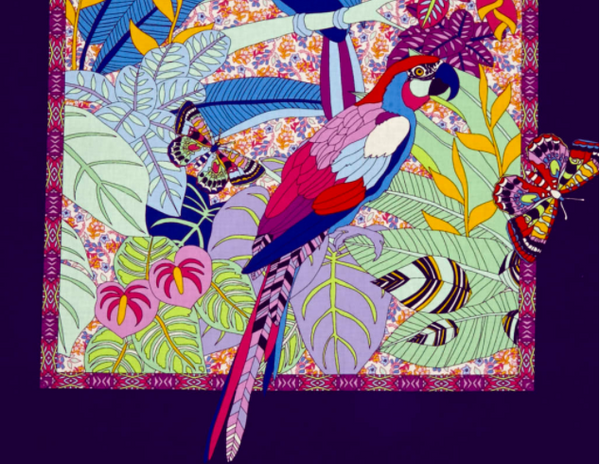 Purple Rio Panel - Parrot, Toucan, Butterflies, Leaves and Flowers - 25 inch Panel