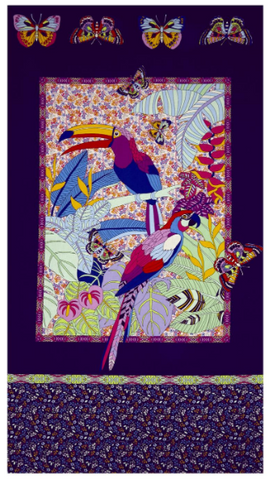 Purple Rio Panel - Parrot, Toucan, Butterflies, Leaves and Flowers - 25 inch Panel