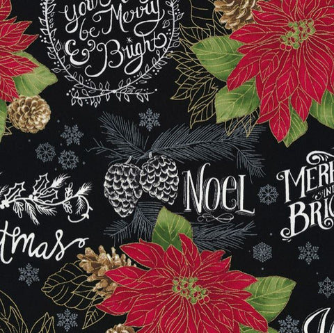 Merry & Bright Holiday Black Background - Half Metre Lengths