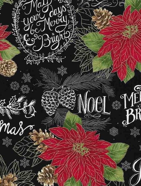 Merry & Bright Holiday Black Background - Half Metre Lengths