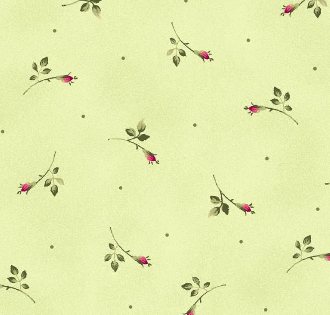 Wild Rose Green Background Rosebuds Flannel by Marti Michell - Half Metre Lengths