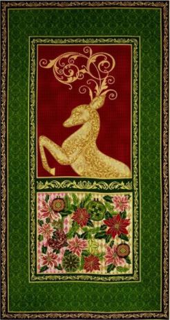 Peace On Earth Panel 120-1050 - Deer, Poinsettias & Baubles with Gold Metallic Highlights