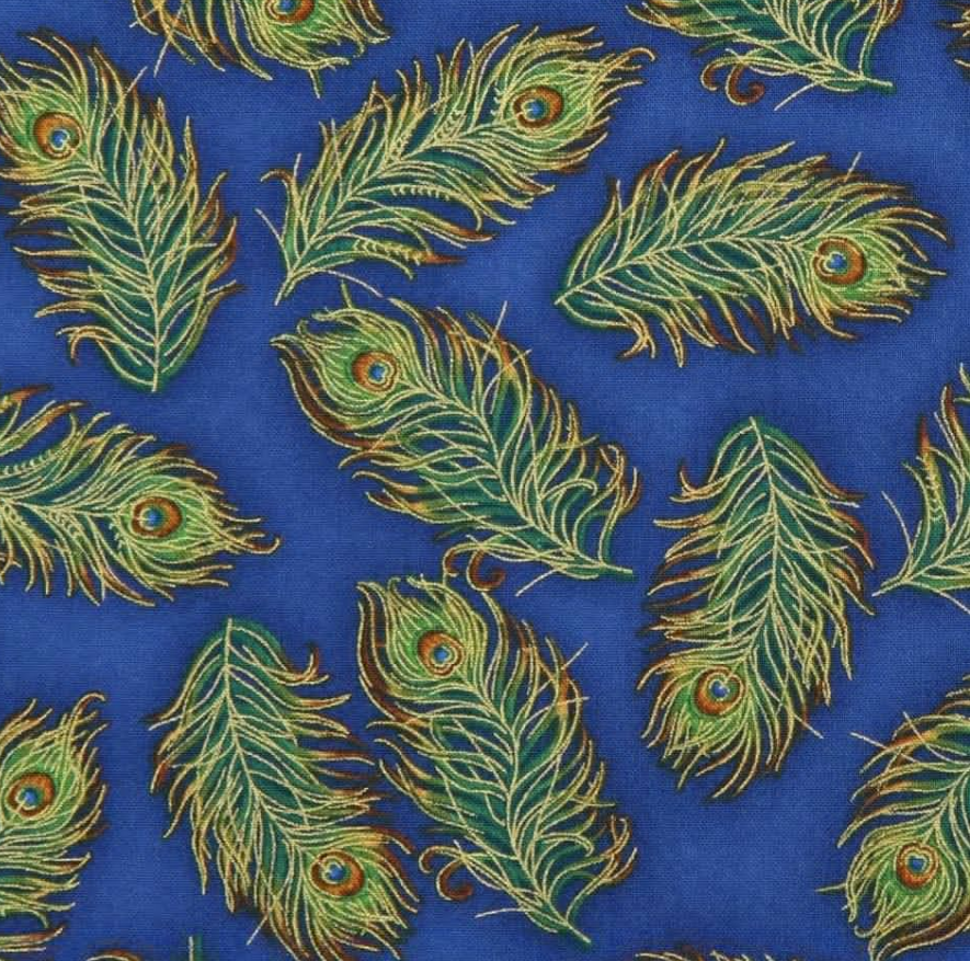 Palais Jardin Metallic Peacock Feathers on Blue Background 16942-78 - Half Metre Lengths