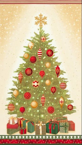 Winter's Grandeur Holiday 17324-223 Christmas Tree Panel - Presents, Decorations & Gold Metallic Highlights