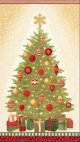 Winter's Grandeur Holiday 17324-223 Christmas Tree Panel - Presents, Decorations & Gold Metallic Highlights