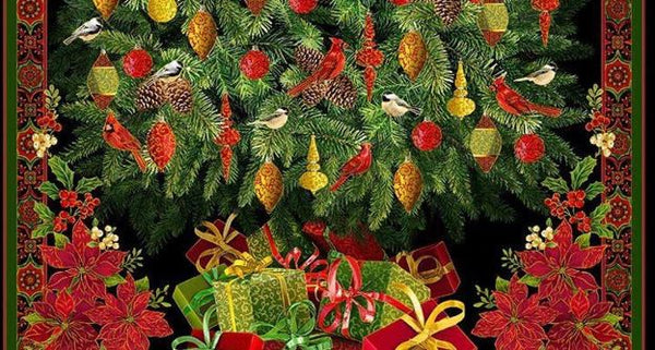 Merry & Bright Holiday Christmas Tree Panel - Black Background