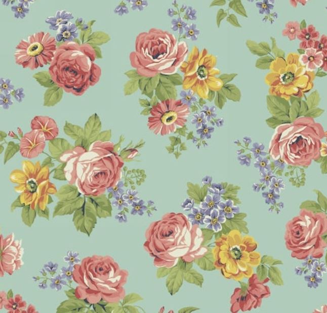 Dover Flannel Large Floral Print Aqua Background # 40064-2 by Rosemarie Lavin - Half Metre Lengths