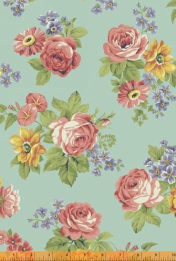 Dover Flannel Large Floral Print Aqua Background # 40064-2 by Rosemarie Lavin - Half Metre Lengths