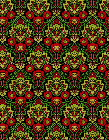 Holiday Lane Damask Black Background - Half Metre Lengths