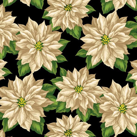 Holiday Lane Poinsettias Black Background - Half Metre Lengths