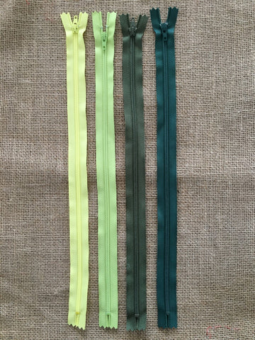 YKK 14 inch (35.5 cms) Closed End Nylon Zips - Size 3 Greens pack of four zippers